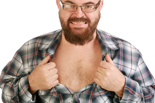 Retrato Cerca Joven Con Barba Bigote Rasgando Camisa Pecho —  Fotos de Stock