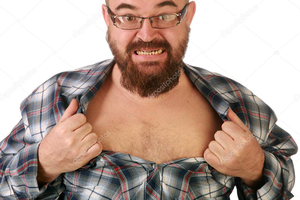 close-up portrait of a young man with a beard and mustache, tearing his shirt on his chest