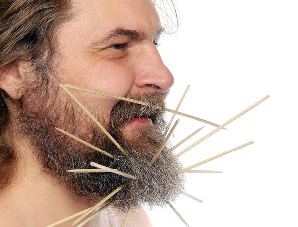 close-up portrait of a cheerful man with a sticks in beard studio