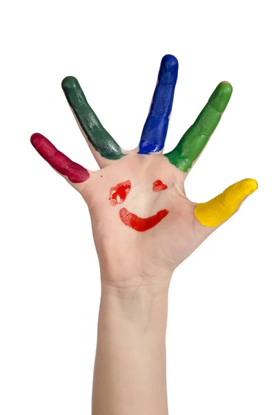 Dzieci uśmiechnięte kolorowe ręce podniesione. Koncepcja Clas — Zdjęcie stockowe