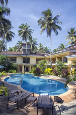 Kuzey Goa/Hindistan-Dec 2018: yüzme havuzu, şezlonglar