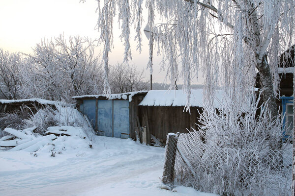 Winter landscape in the village street trees in hoarfrost near houses and fences