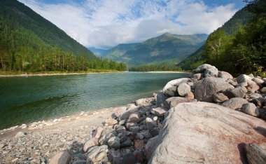 Muhteşem dağ manzarası nehri, orman ve yazın bulutlu gökyüzü.