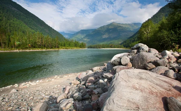 Magnificent Mountain Landscape River Forest Cloudy Sky Summer — Stock Photo, Image