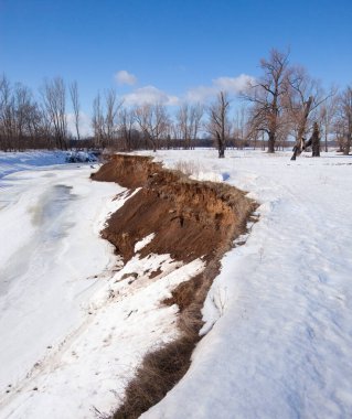 İlkbaharın başlarında harika bir manzara nehirde ve güneşli bir günde mavi gökyüzünde beyaz bulutlar