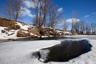 İlkbaharın başlarında harika bir manzara nehirde ve güneşli bir günde mavi gökyüzünde beyaz bulutlar