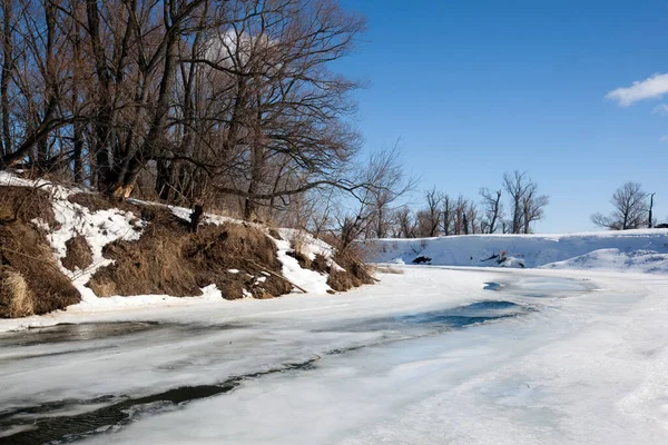 Marvelous Landscape Early Spring River White Clouds Blue Sky Sunny — Stock Photo, Image