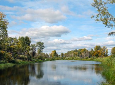 Manzaralı sonbahar manzarası sakin nehir kıyılarda sarı-yeşil ağaçlar ve mavi gökyüzünde beyaz bulutlar