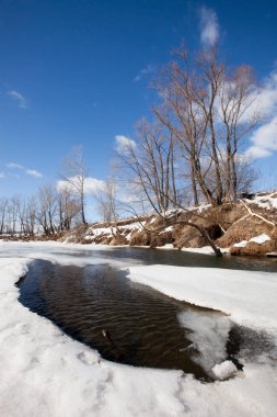 İlkbaharın başlarında harika bir manzara nehirde ve güneşli bir günde mavi gökyüzünde beyaz bulutlar