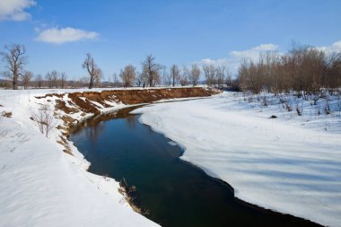 Sahilde yaprakları olmayan manzaralı nehir ağaçları ve güneşli bir baharın erken saatlerinde eriyen kar ve buzlar.