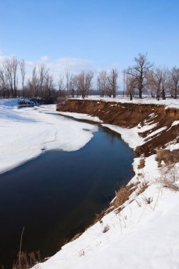 Sahilde yaprakları olmayan manzaralı nehir ağaçları ve güneşli bir baharın erken saatlerinde eriyen kar ve buzlar.