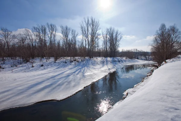 Paisaje Pintoresco Árboles Río Sin Hojas Orilla Derretimiento Nieve Hielo — Foto de Stock