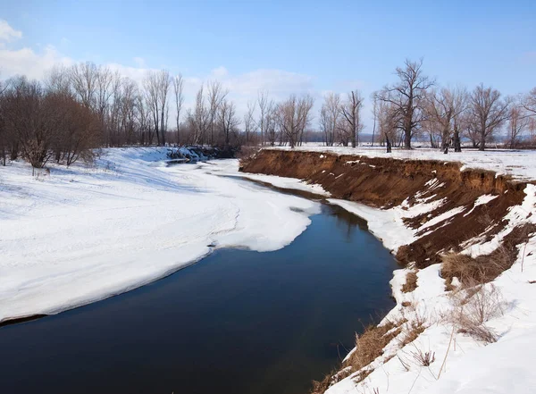 Sahilde yaprakları olmayan manzaralı nehir ağaçları ve güneşli bir baharın erken saatlerinde eriyen kar ve buzlar.