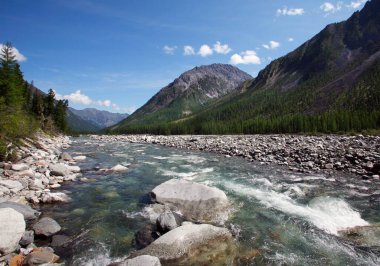 Güzel bir yaz nehri, uçurumlar, ormanlar ve mavi gökyüzünde harika bulutlar. 