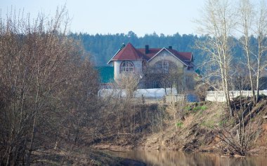 Nehir manzarası ve yaprakları olmayan ağaçlar sisli bahar sabahının erken saatlerinde