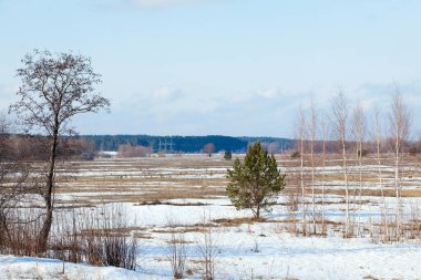 Geniş tarlalarda kar eriyor ilkbaharın başlarında, bulutlu bir günde gün batımında.