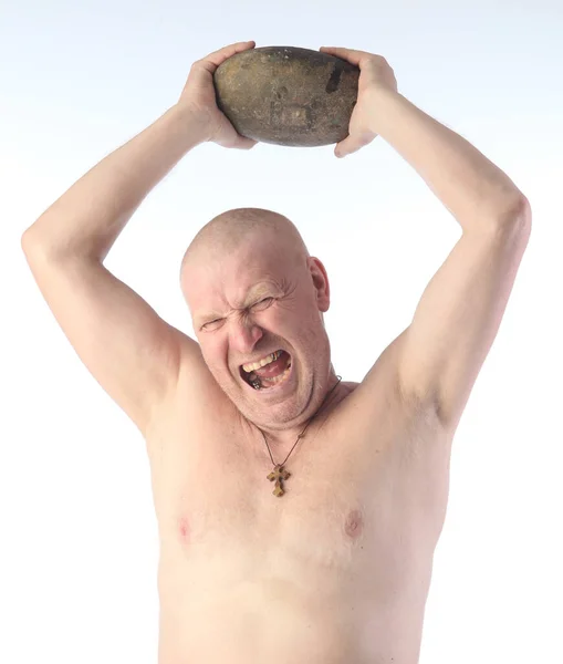 Portrait Adult Bald Man Naked Torso Throws Big Stone Shouts — Stock Photo, Image