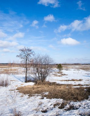 Geniş tarlalarda kar eriyor ilkbaharın başlarında, bulutlu bir günde gün batımında.