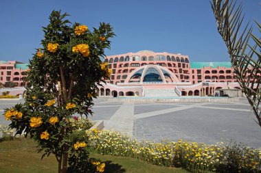 Sıcak bir günde deniz kenarındaki otel binası ve havuzu ve çiçek tarhları olan peyzaj.