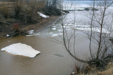 Baharın başlarında bulutlu bir günde nehir üzerindeki buz tabakası sürükleniyor.