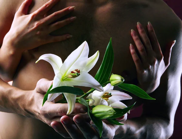 Close Van Witte Lelie Handen Tegen Achtergrond Van Een Naakte — Stockfoto