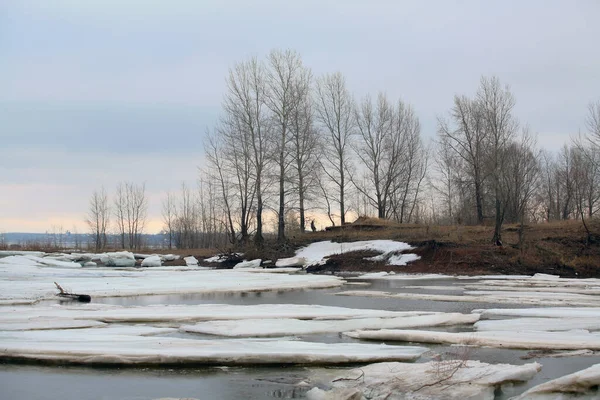 Paesaggio Ghiaccio Deriva Sul Fiume All Inizio Della Primavera Una — Foto Stock