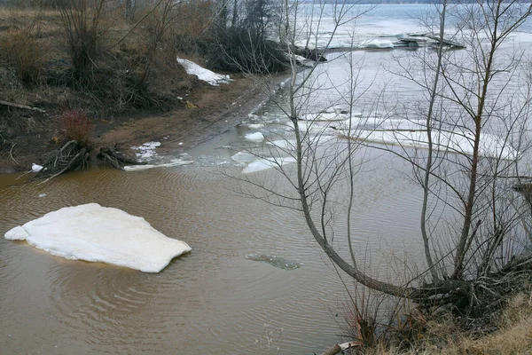 Baharın başlarında bulutlu bir günde nehir üzerindeki buz tabakası sürükleniyor.