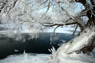 Sabahın erken saatlerinde karla kaplı tarlalar, ağaçlar ve nehirlerin kış manzarası