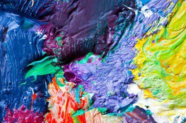 makro ressamın paleti, dokusu farklı renklerde ve doygunluk stüdyosunda karışık yağlı boya.