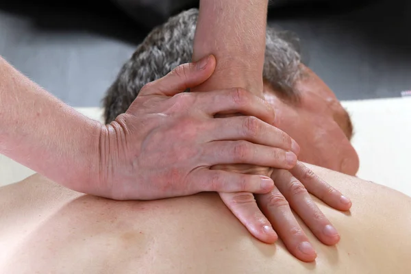 Isolated Close Hands Masseur Female Man Back Session Studio — Stock Photo, Image