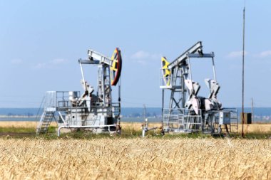 Yazın, güneşli bir günde mavi gökyüzünün arka planındaki tahıl tarlalarına petrol pompalanıyor.