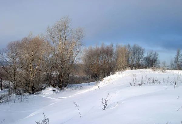Malebná Zimní Krajina Řeka Stromy Posvěcené Vycházející Slunce — Stock fotografie
