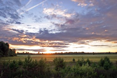 Gün batımında, çayırlarda ve ormanlarda dramatik bulutlar.