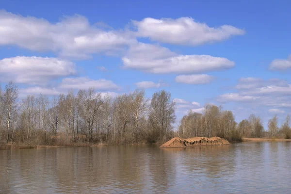 Wiosenne Powodzie Rzeki Słoneczny Dzień — Zdjęcie stockowe