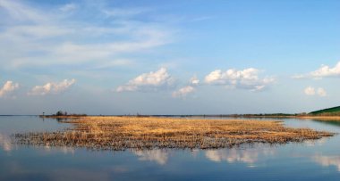 Bahar manzarası seli ve bulutlu gökyüzü yansıması açık bir günde nehirde