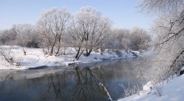 Zimowy Spacer Wzdłuż Rzeki Mglisty Poranek — Zdjęcie stockowe