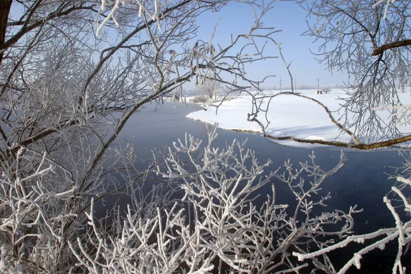 Vinter Promenad Längs Floden Dimmig Morgon — Stockfoto