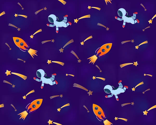 Безшовний Візерунок Астронавтами Ракетами Планетами Падаючими Зірками Візерунок Дітей Ідеально — стоковий вектор