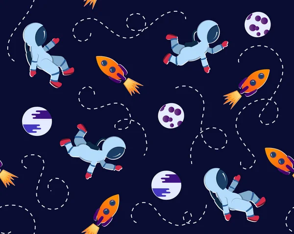 落下星の惑星 ロケット 宇宙飛行士とのシームレスなパターン 子供のパターン 子供部屋 子供の繊維 子供店 包装紙の印刷に最適 — ストックベクタ