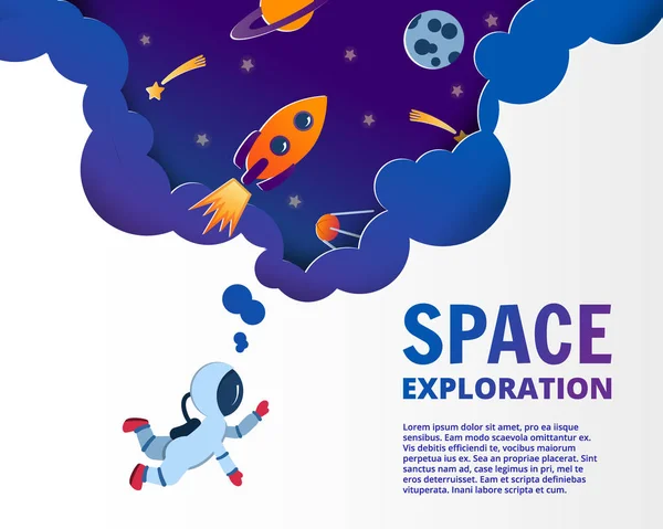 Astronauta Soñando Con Espacio Estilo Corte Papel Ilustración Vectorial Planetas — Vector de stock