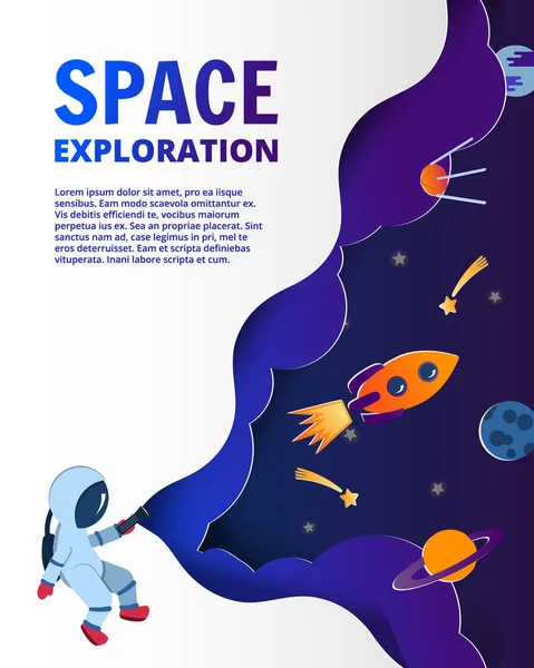 Astronauta Explorando Espacio Estilo Corte Papel Ilustración Vectorial Planetas Cohetes — Vector de stock