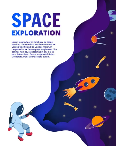 Astronauta Explorando Espacio Estilo Dibujos Animados Ilustración Vectorial Planetas Cohetes — Vector de stock