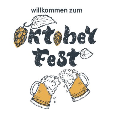 El yazısı Oktoberfest bira gözlük ve umutları ile yazı. Oktoberfest Tipografi vektör tasarımı tebrik kartı, poster, menü için hoş geldiniz. Bira Festivali vektör afiş