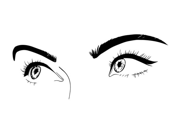Female eyes close-up, drawing, sketch. A flirtatious look. Vector illustration is suitable for banners, posters beauty salons, picture on glass or mirror, beauty blogs. Isolated illustration. EPS 10