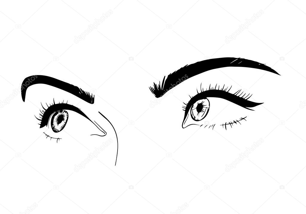 Female eyes close-up, drawing, sketch. A flirtatious look. Vector illustration is suitable for banners, posters beauty salons, picture on glass or mirror, beauty blogs. Isolated illustration. EPS 10