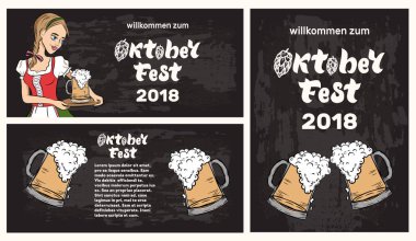 Oktoberfest banner şablon garson geleneksel kostüm ve bira gözlük ile. Afiş bira festivali Oktoberfest kahverengi zemin üzerine yazı elle çizilmiş ile için. Oktoberfest Festivali Afiş için