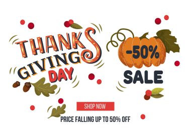El çizilmiş Şükran satış banner şablon yaprakları, kabak ve çilek beyaz arka plan üzerinde. Mutlu Şükran günü yazı. Vektör çizim Eps 10. Satış, reklam, afiş için
