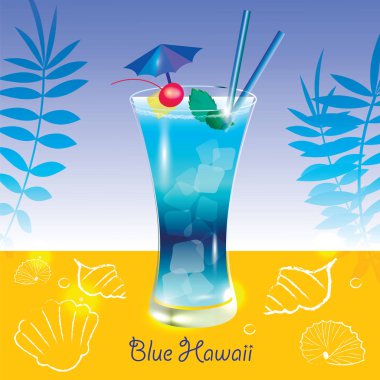 Eğreltiotu yaprakları, mavi deniz zemin üzerine sarı kumlu plajda kokteyl mavi Hawaii beyaz kabukları ve işareti