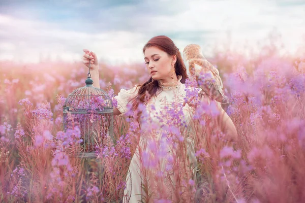 Mulher Com Coruja Campo Flores Rosa — Fotografia de Stock