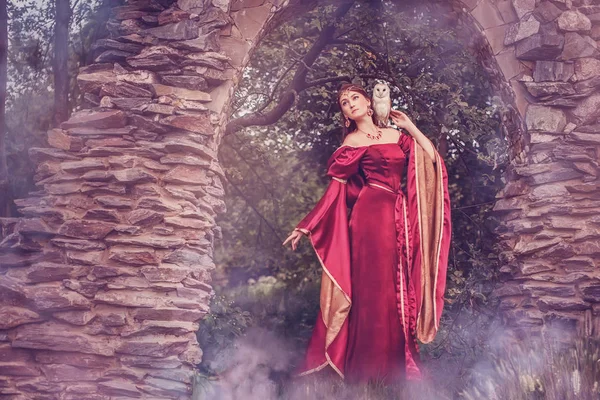 Güzel ortaçağ kadın, büyücü, bir peçeli baykuş elini Tarih ile. İnanılmaz sahne yakınındaki antik ark.